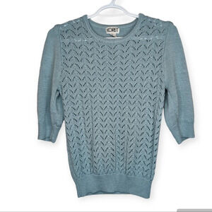 Vintage Koret Eyelet Knit Crochet Blue 3/4  Sleeve Sweater Woman Small